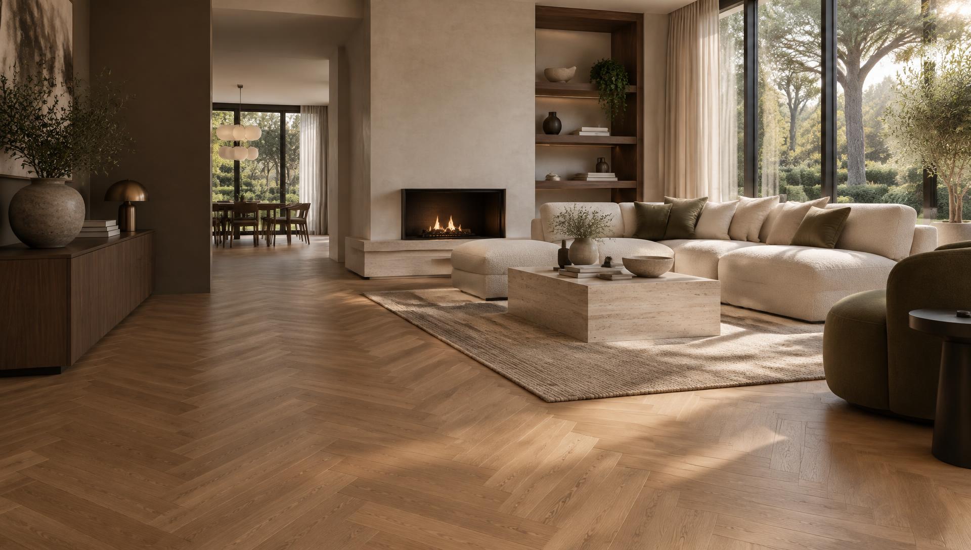 Luxe woonkamer met warme visgraatvloer